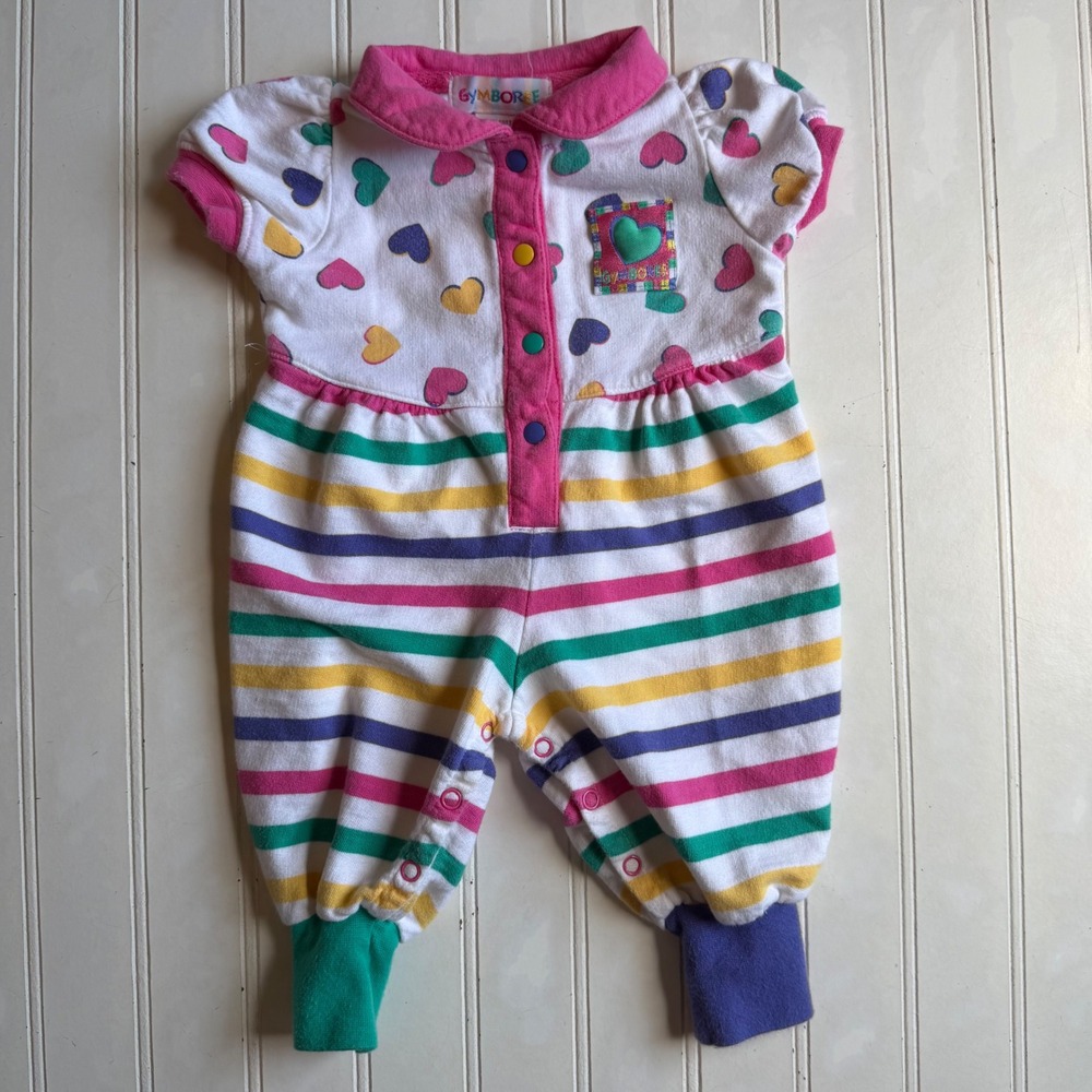 Vintage Gymboree 90s Hearts Lines Newborn Romper Striped Rainbow Pink Cotton